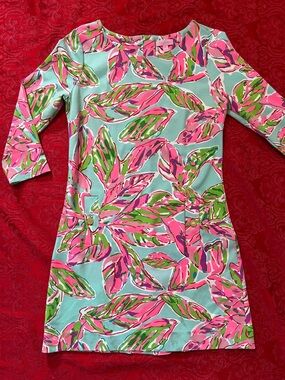 Lilly Pulitzer Leaf Print Shift Dress Pink Green Aqua Women’s Size 6